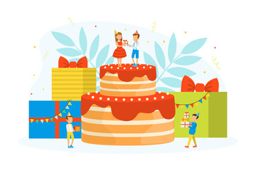 Wall Mural - Kids Celebrating Birthday, Cute Tiny Boy and Girl Standing on Top of Huge Festive Cake Cartoon Vector Illustration.