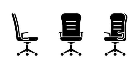 Isolated rolling office chair vector illustration icon pictogram set. Front, side view silhouette on white