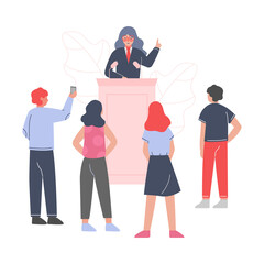 Wall Mural - Female Politician Standing Behind Rostrum and Giving Speech, Woman Public Speaker Giving Talk in front of Audience Vector Illustration