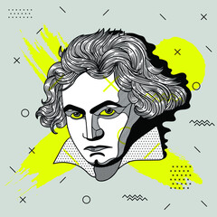 Ludwig van Beethoven. Vector illustration hand drawn.  Creative geometric yellow style.