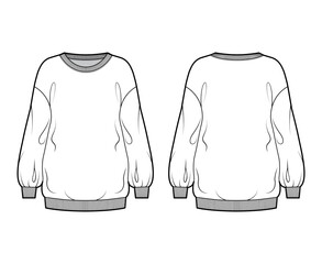 Cotton-terry slouchy oversized sweatshirt technical fashion illustration with loose relaxed fit, crew neckline, long sleeves. Flat jumper template front, back white color. Women, men, unisex top CAD