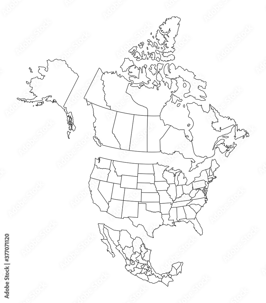 Blank map of North America, with separate Canada, Usa and Mexico Stock ...