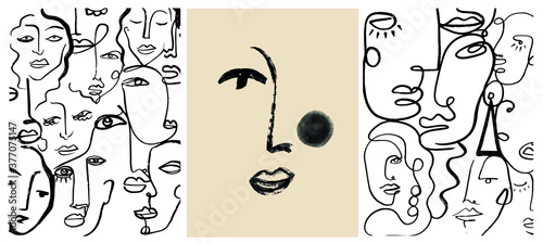 Fotomural Creative templates with one line face portrait, contemporary abstract colorful shapes