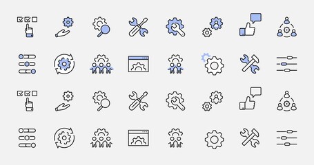 Set of Settings and Setup Vector Line Icons. Contains such Icons as Gear, Setting, Control, Iinstall, Options, Service, and more. Editable Stroke. 32x32 Pixels.