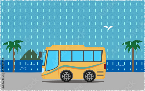 雨の中 海沿いの道を進む黄色い観光バスのベクターイラスト Stock Vector Adobe Stock