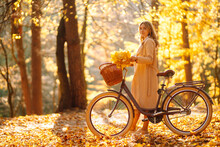 Autumn Woman In Autumn Park. Happy Young Woman Posing With Bike In Autumn Forest.