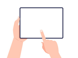 Poster - Tablet in female hands. Hand holding tablet and touching screen. Vector illustration.