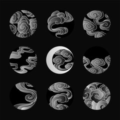 Abstract Chinese cloud vector line art illustration in circle,round,lunar and eclipse shape. Gradient style as tattoo,logo,decorative.