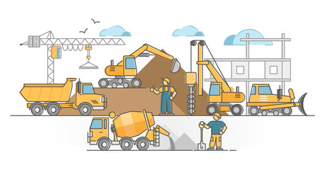 Heavy machinery as construction site duty executing vehicles outline concept