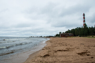 lighthouse on the beach of Lake Ladoga