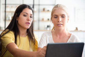 Young women meeting at co-working, watching content on laptop, pointing at display, discussing project. Business communication or teamwork concept