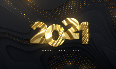 Wall Mural - Happy New Year 2021. Holiday NYE event sign. Vector 3d illustration. Golden characters 2021 with wavy sculpted pattern. Black papercut background. Backdrop with glitters. Festive banner design