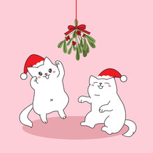Cute Couple Cat Wearing Santa Hat Playing With Hanging Mistletoe. Kawaii Christmas Illustration. Flat Vector Isolated On White Background.