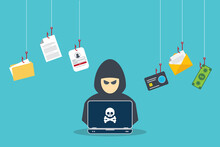 Hacker With Laptop Computer Stealing Confidential Data, Personal Information And Credit Card Detail. Hacking Concept.	