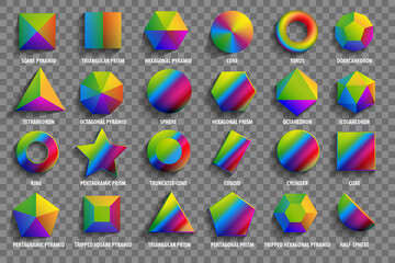 Top view realistic math basic 3d shapes. Three dimensional geometric figures. Geometric shape figure form illustration. The shapes are painted in rainbow colors.