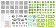 Set of park elements. (Top view) Collection for landscape design, plan, maps. (View from above) Fences, paths, stones and trees.