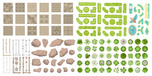 Set Of Park Elements. (Top View) Collection For Landscape Design, Plan, Maps. (View From Above) Fences, Paths, Stones And Trees.