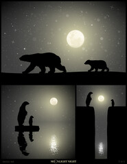Sticker - polar bears family walking in snow on moonlight night. animal mother and baby silhouettes on edge of
