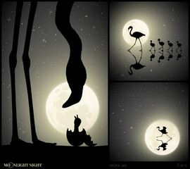 Sticker - Flamingo family silhouette. Bird in starry night. Black white set
