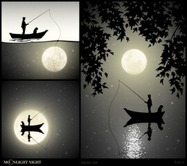 Poster - fisherman silhouette. man in boat. night starry sky. black white set