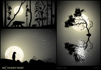 Sticker - bears family silhouette. animal and lonely tree. moon in starry night