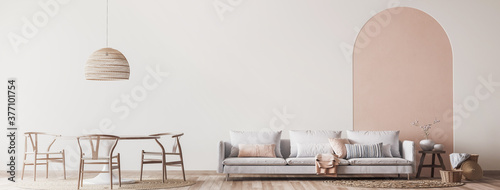 Download Interior House With Simple White Background Mockup White Sofa And Natural Wooden Furniture Modern Space Panorama 3d Render Buy This Stock Illustration And Explore Similar Illustrations At Adobe Stock Adobe Stock PSD Mockup Templates
