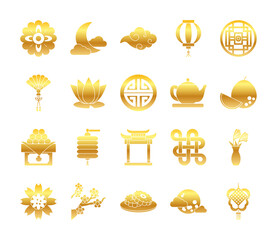 Sticker - icon set of oriental flowers and mid autumn, gradient style