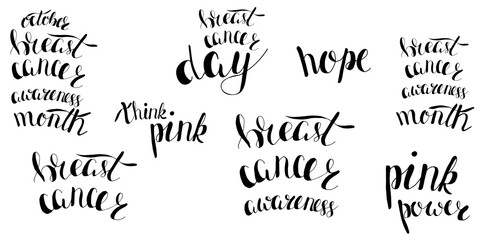 Wall Mural - vector lettering set of inscriptions on the theme of breast cancer, contour, print for textile design, paper