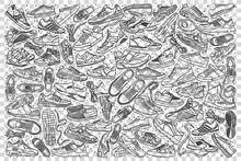 Sneakers Doodle Set. Collection Of Hand Drawn Sketches Templates Patterns Of Male Female Footwear Trainers At Shoes Store On Transparent Background. Beauty And Fashionable Lifestyle Illustration.