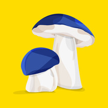 Two Crazy Blue Wild Mushrooms On A Yellow Background. Vector File.