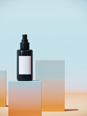 Poster - Minimal abstract mockup background for product presentation. Beige and blue blending gradient podium on blue background. Clipping path of each element included. 3d render illustration.