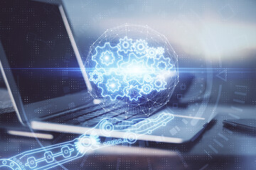 double exposure of desktop computer and technology theme hologram. concept of software development.