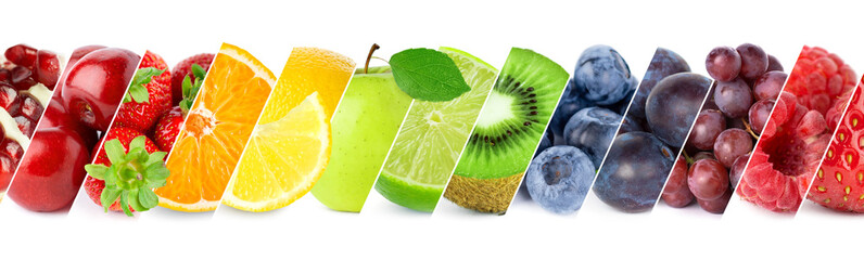Wall Mural - Fruits. Collection of fresh fruits and berries on white background. Collage