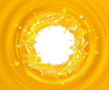 Orange Fruit Juice 3D Splash, Yellow Ripple Rings Background. Sweet Fresh Fruits Juice Splashing: Orange, Mango, Lemon, Citrus, Pineapple Juice, Corona Form. Juice Drink Design Illustration Template