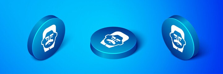 Poster - Isometric Portrait of Joseph Stalin icon isolated on blue background. Blue circle button. Vector.