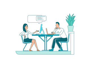 Fototapete - Colleagues flat color vector faceless characters. Business communication. Staff conversation. Coworkers talk. Corporate occupation isolated cartoon illustration for web graphic design and animation