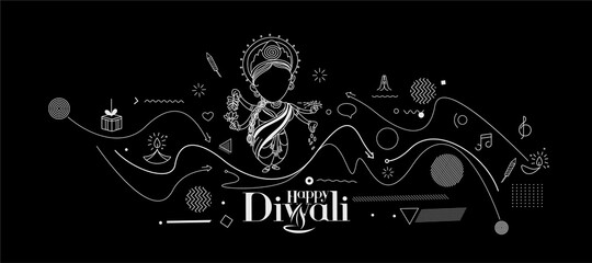 Sticker - Diwali Hindu festival greeting card, Hand Drawn line art Vector illustration.