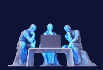 three thinkers sitting in front of a computer screen