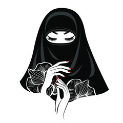 Beautiful Muslim Woman with lush eyelashes in hiqab, beautiful hands, flowers background. Vector illustration.