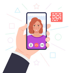 Poster - video call. hand holding smartphone. young woman on screen. vector illustration.