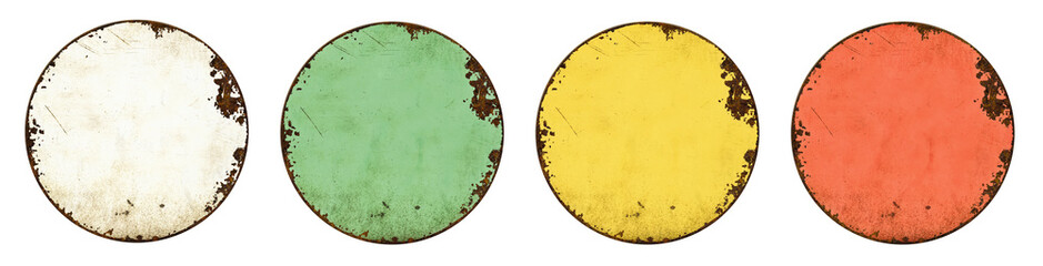 Four empty vintage tin signs on a white background