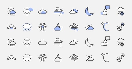 Poster - Set of Weather vector line icons. Contains symbols of the sun, clouds, snowflakes, wind, rainbow, moon and much more. Editable Stroke. 32x32 pixels.