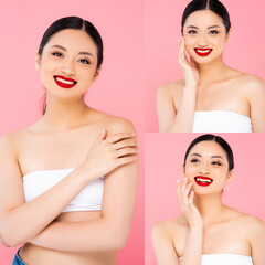 Collage of joyful asian woman with red lips touching face isolated on pink