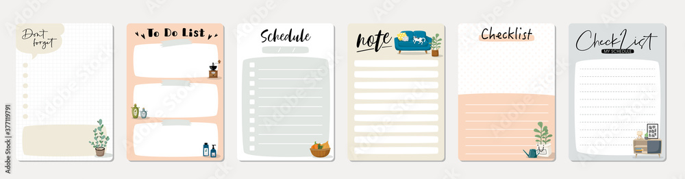 Set of planners and to do list with home interior decor illustrations. Template for agenda, schedule, planners, checklists, notebooks, cards and other stationery. - obrazy, fototapety, plakaty 