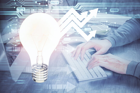 Growing arrows with businessman working on computer on background. Success concept. Double exposure.