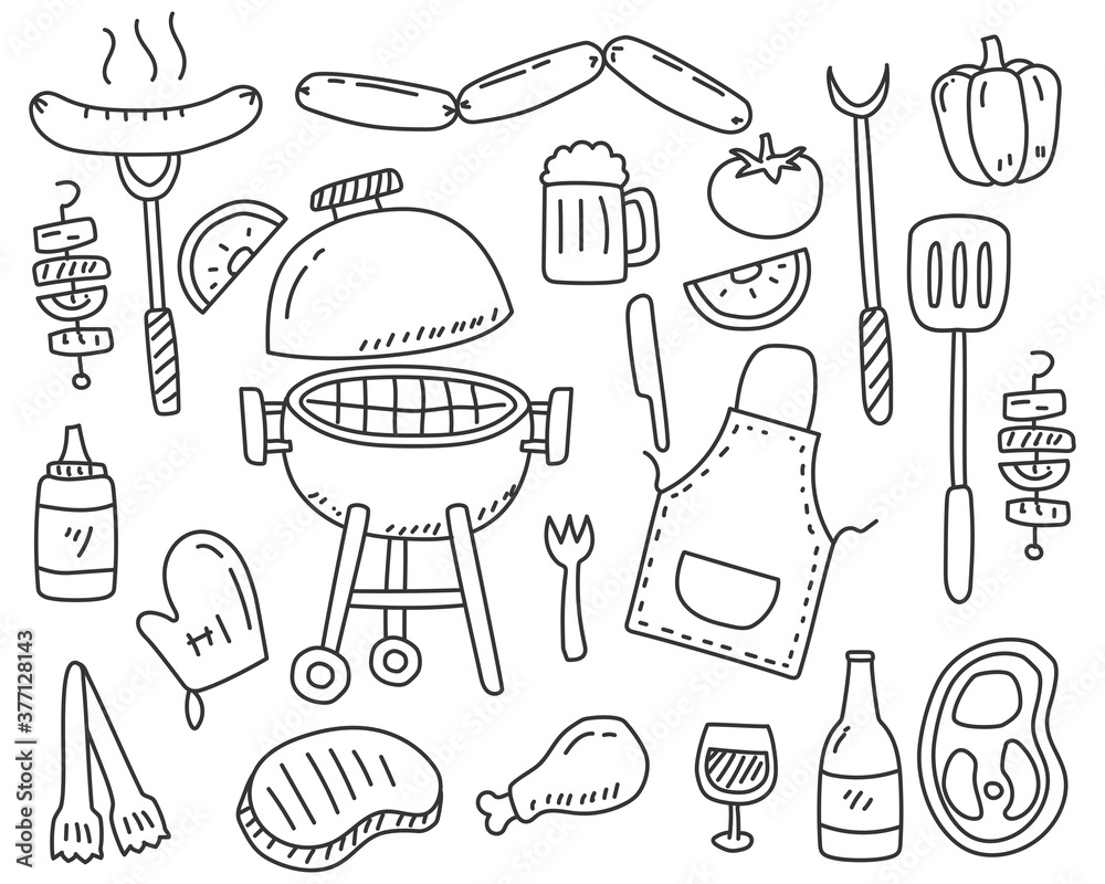 Set of Barbecue party doodle elements vector illustration isolated on ...