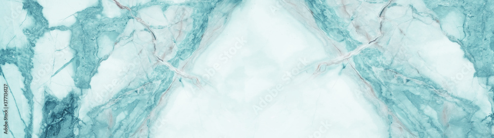 Marbled background banner panorama - High resolution abstract white aquamarine turquoise Carrara marble stone texture - obrazy, fototapety, plakaty 