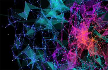 Poster - Blue and purple vibrant triangular grid in futuristic technology style on dark background