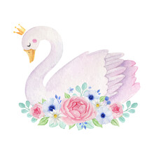 Watercolor Cute Swan With Crown And Flowers Decoration