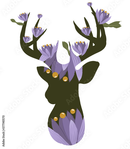 Abstract composition of a silhouette of a deer with flowers